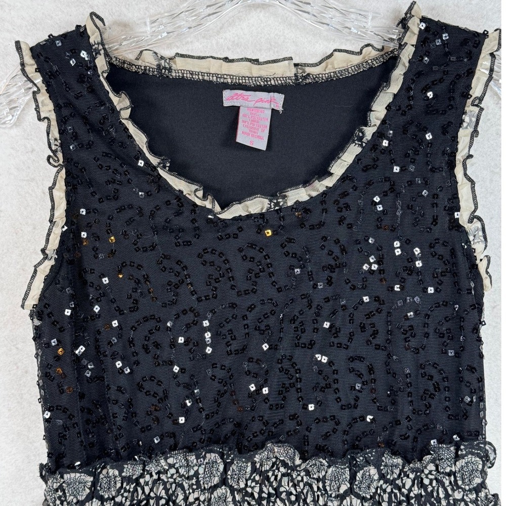 Ultra Pink Sequin Lace Border Print Dress Black Cream Sleeveless Party Small Y2K - Picture 3 of 7